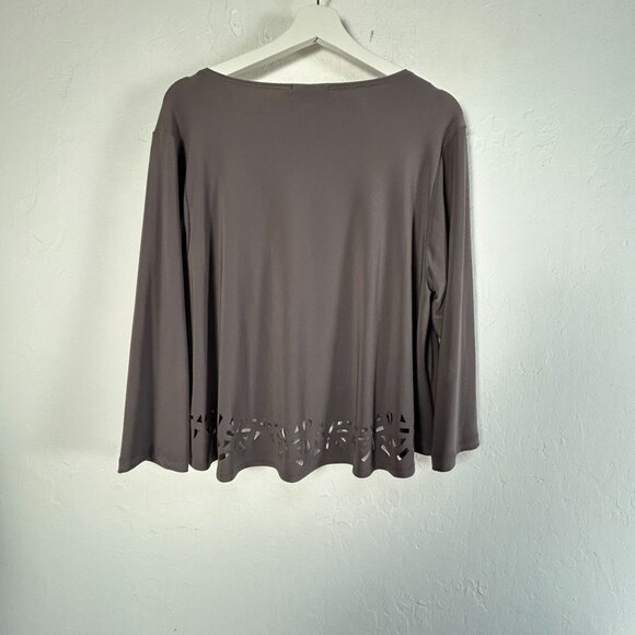 Sympli Womens Brown 3/4 Sleeve Laser Cut Hem Top Size 16 Stretch Relaxed Fit - Picture 2 of 8